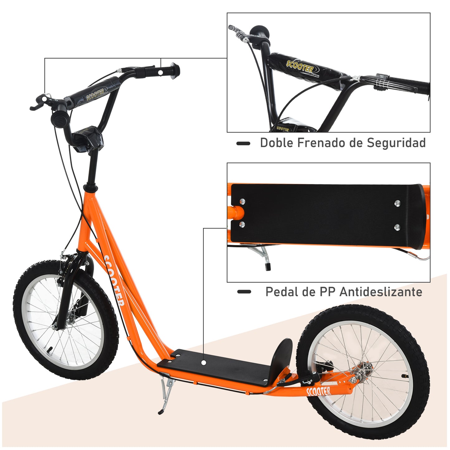 HOMCOM trotinete para crianças acima de 5 anos Com guiador ajustável em altura 2 pneus de borracha infláveis com freio duplo Carga 100 kg 139x58x90-96 cm Laranja