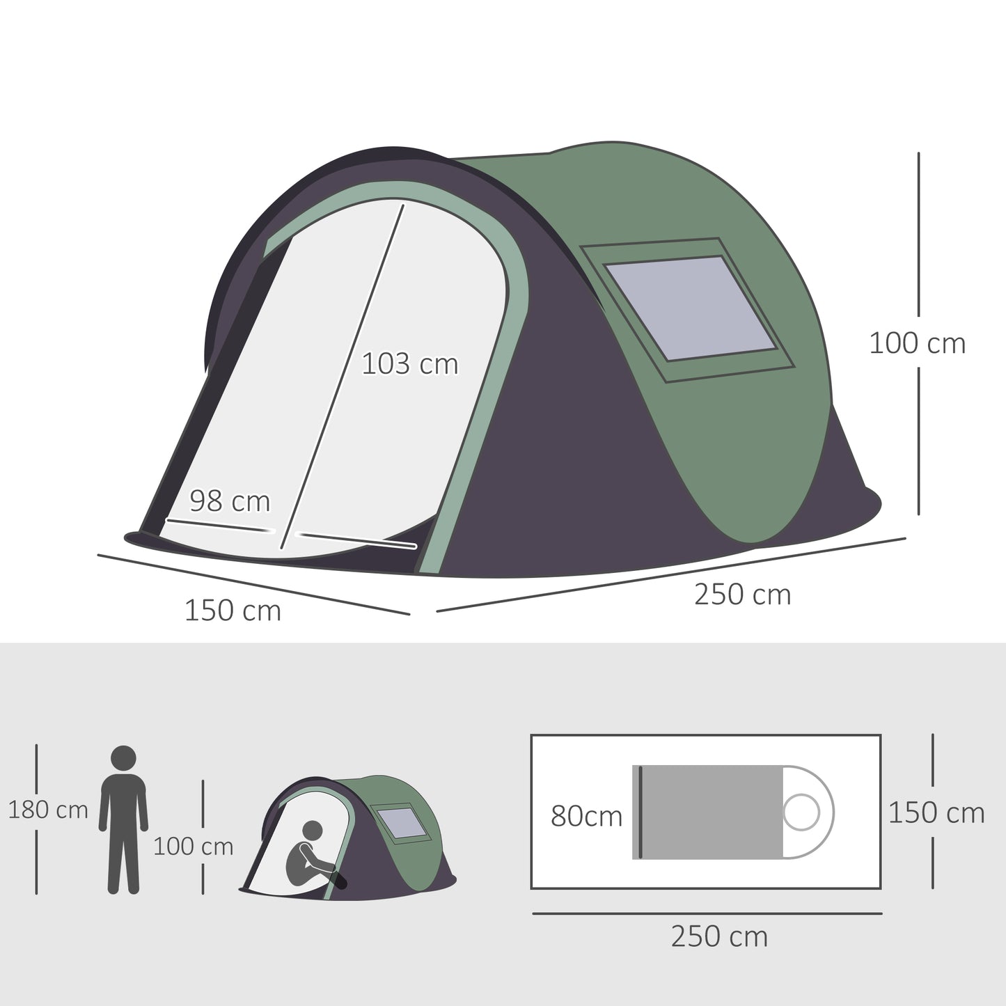 Outsunny Tenda de Campismo Pop-Up para 2 Pessoas Tenda de Campismo com Bolsa de Armazenamento Portátil 250x150x100 Verde e Preto