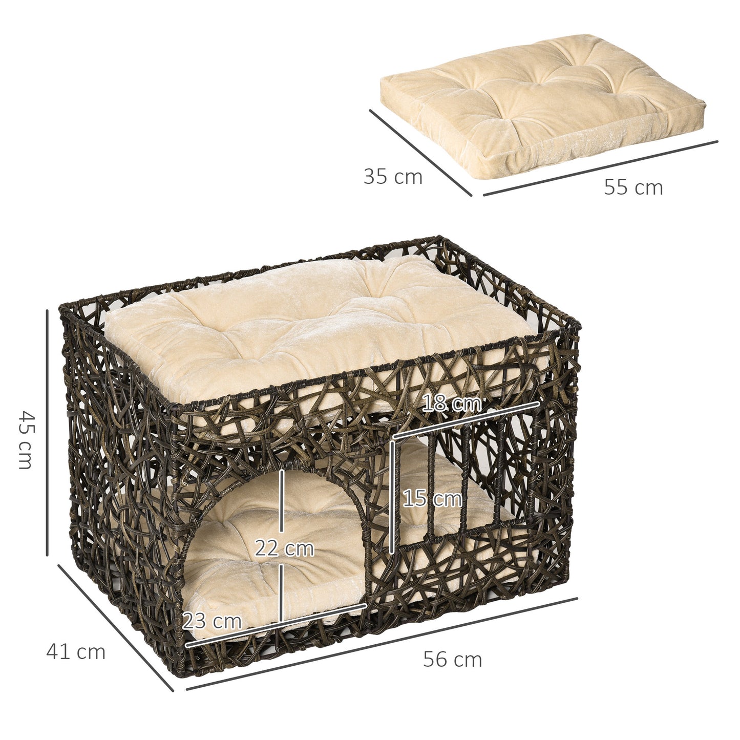 PawHut Cesta de Vime para Gatos de 2 Alturas Cama Caverna de Gatos com 2 Almofadas Suaves e Janela 56x41x45cm Café Escuro