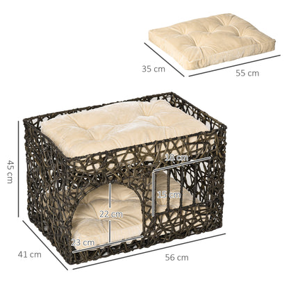 PawHut Cesta de Vime para Gatos de 2 Alturas Cama Caverna de Gatos com 2 Almofadas Suaves e Janela 56x41x45cm Café Escuro