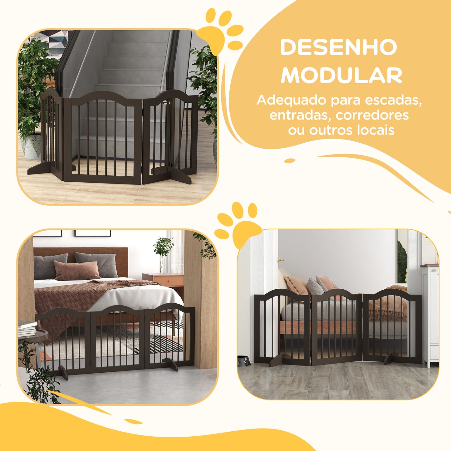 PawHut Barreira de Segurança Dobrável para Cães Pequenos Barreira de Proteção para Animais de Estimação com 3 Painéis e 2 Suportes para Portas Escadas Corredores 154,5x29,5x61 cm Marrom Escuro