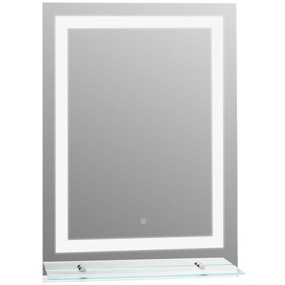 kleankin Espelho de Casa de Banho com Luzes LED 70x50 cm, Espelho para Casa de Banho com Moldura de Alumínio, Interruptor Tátil e Prateleira de Vidro para Sala de Estar, Entrada, Prata.