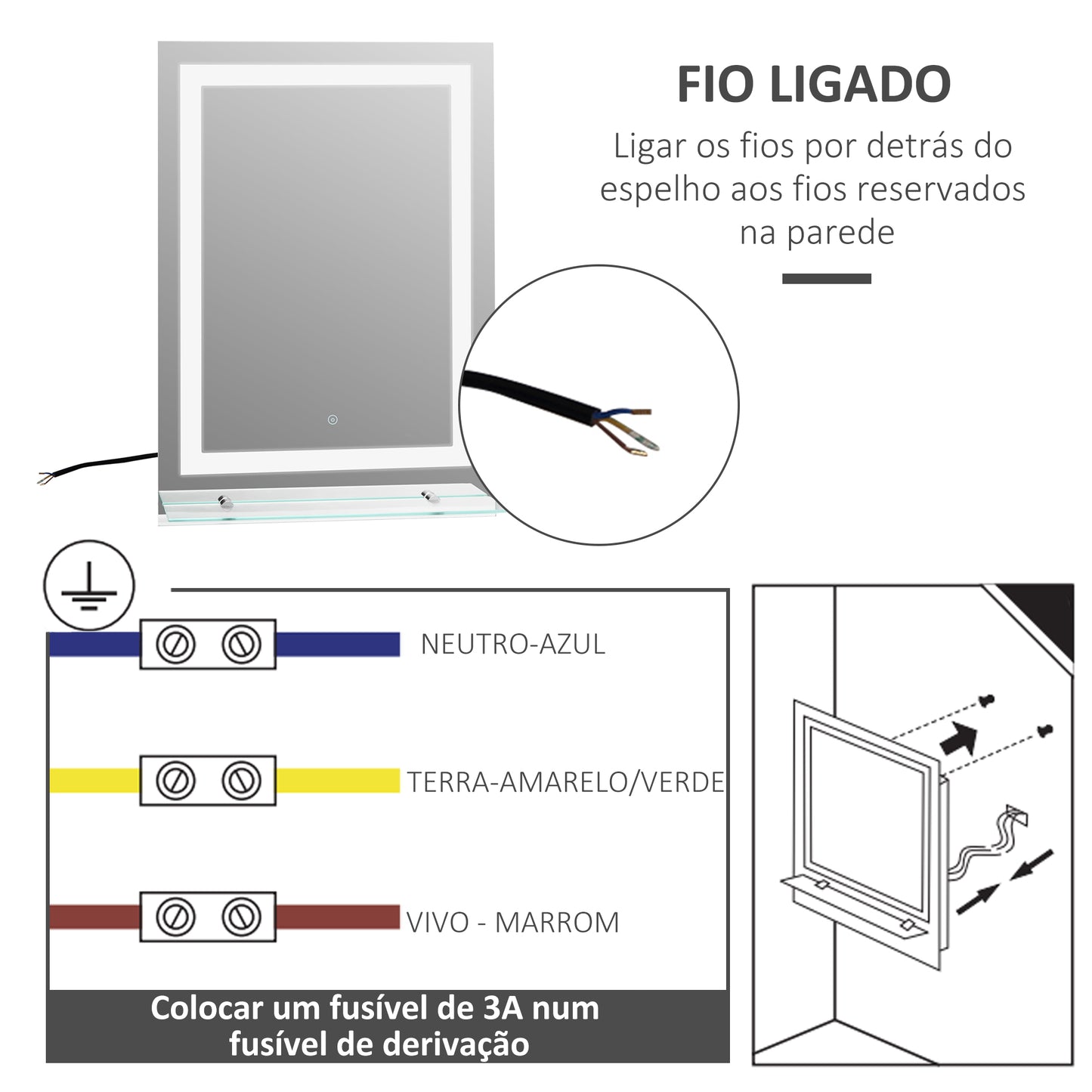 kleankin Espelho de Casa de Banho com Luzes LED 70x50 cm, Espelho para Casa de Banho com Moldura de Alumínio, Interruptor Tátil e Prateleira de Vidro para Sala de Estar, Entrada, Prata.