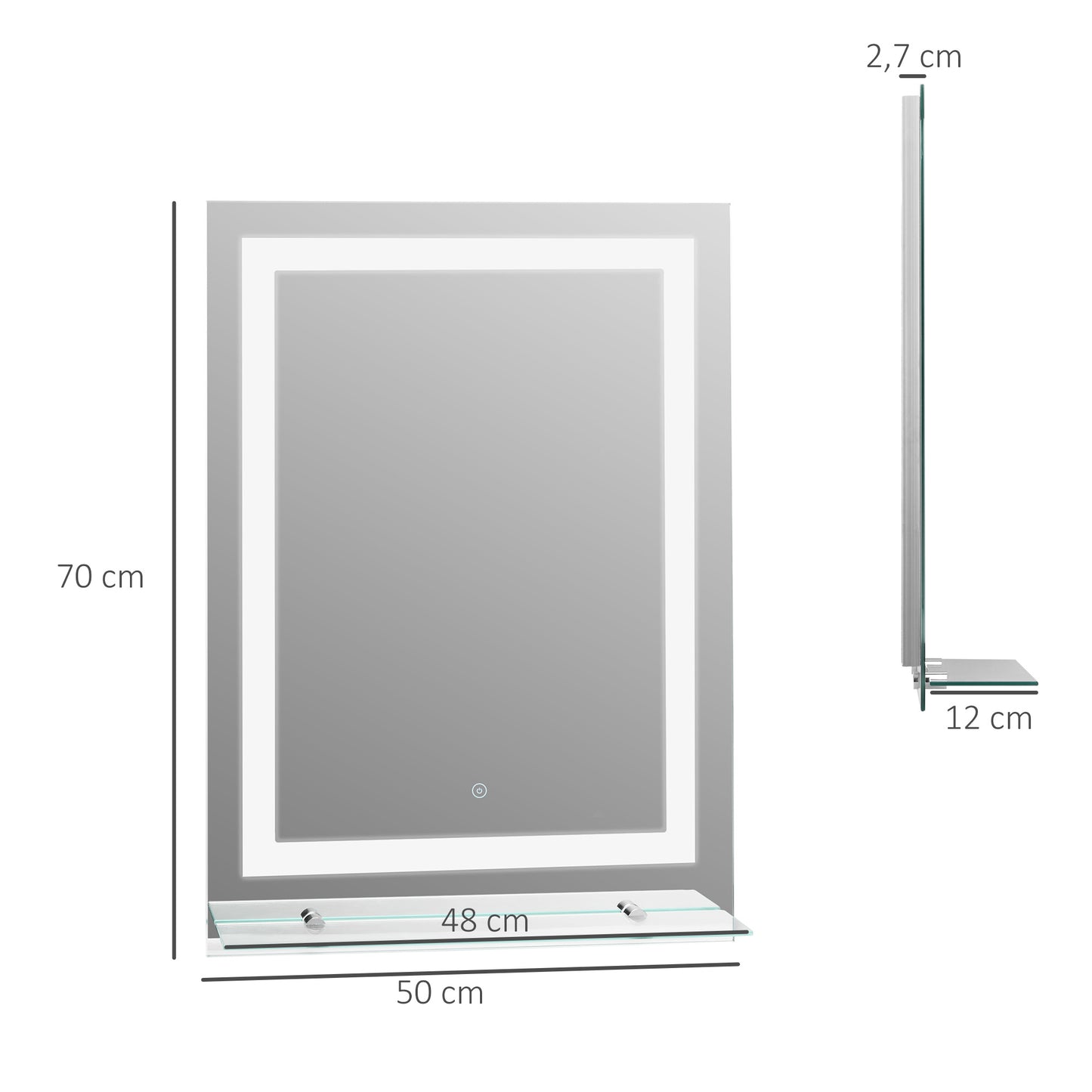 kleankin Espelho de Casa de Banho com Luzes LED 70x50 cm, Espelho para Casa de Banho com Moldura de Alumínio, Interruptor Tátil e Prateleira de Vidro para Sala de Estar, Entrada, Prata.