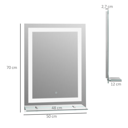 kleankin Espelho de Casa de Banho com Luzes LED 70x50 cm, Espelho para Casa de Banho com Moldura de Alumínio, Interruptor Tátil e Prateleira de Vidro para Sala de Estar, Entrada, Prata.