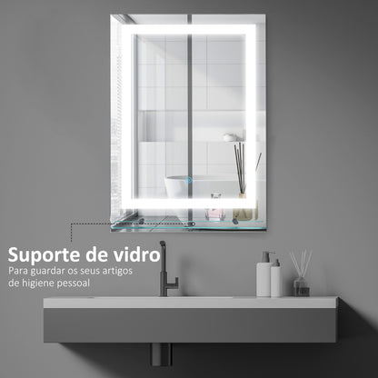 kleankin Espelho de Casa de Banho com Luzes LED 70x50 cm, Espelho para Casa de Banho com Moldura de Alumínio, Interruptor Tátil e Prateleira de Vidro para Sala de Estar, Entrada, Prata.