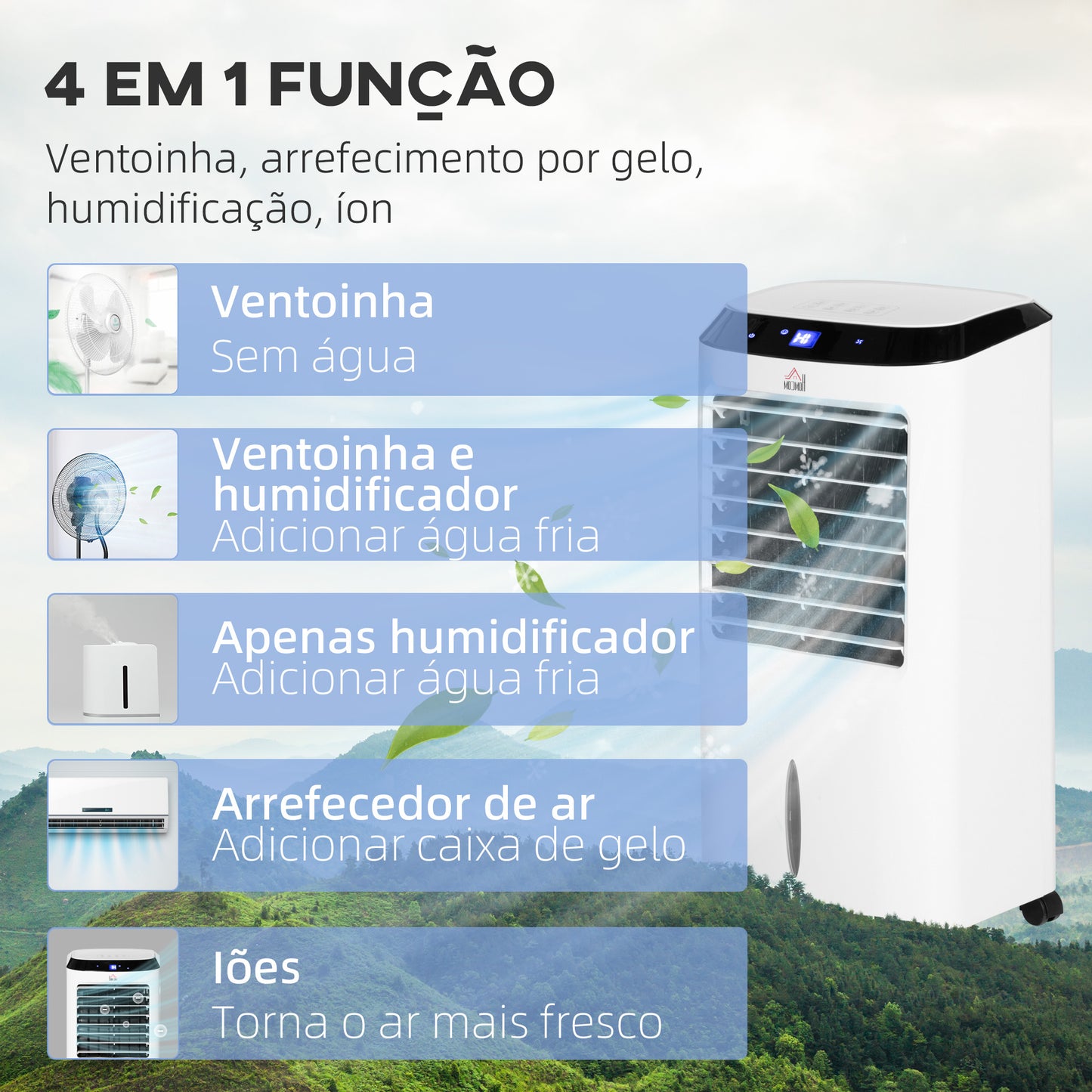 HOMCOM Climatizador Refrigerador de Ar Portátil 10L Humidificador Ventoinha 60W Ecrã LED Controlo Remoto Temporizador 3 Velocidades 3 Modos 38,2x31,6x76 cm Branco