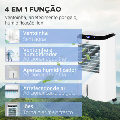 HOMCOM Climatizador Refrigerador de Ar Portátil 10L Humidificador Ventoinha 60W Ecrã LED Controlo Remoto Temporizador 3 Velocidades 3 Modos 38,2x31,6x76 cm Branco