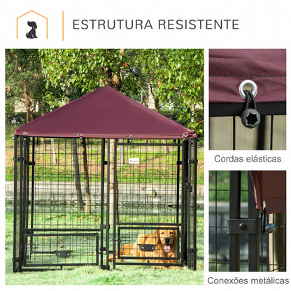 PawHut Parque para Cães com 8 Painéis Recinto para Cães Metálico de Exterior com 2 Suportes Giratórios para Comida 2 Tigelas e Toldo Impermeável e Anti-UV 141x141x153 cm Preto e Vermelho