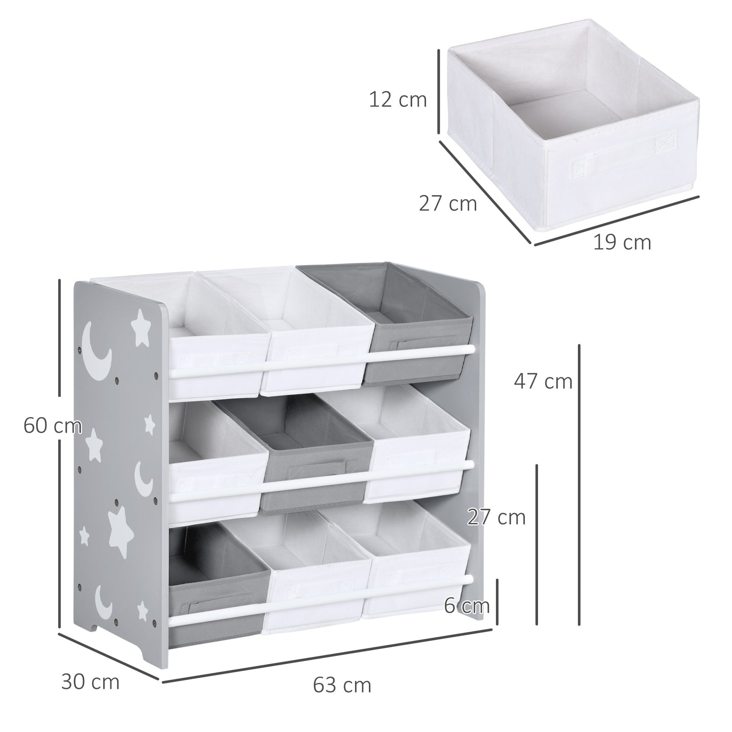 ZONEKIZ Estante para Brinquedos com 9 Caixas de Tecido não Tecido Amovíveis Organizador de Brinquedos para Dormitório Escola Infantil 63x30x60 cm