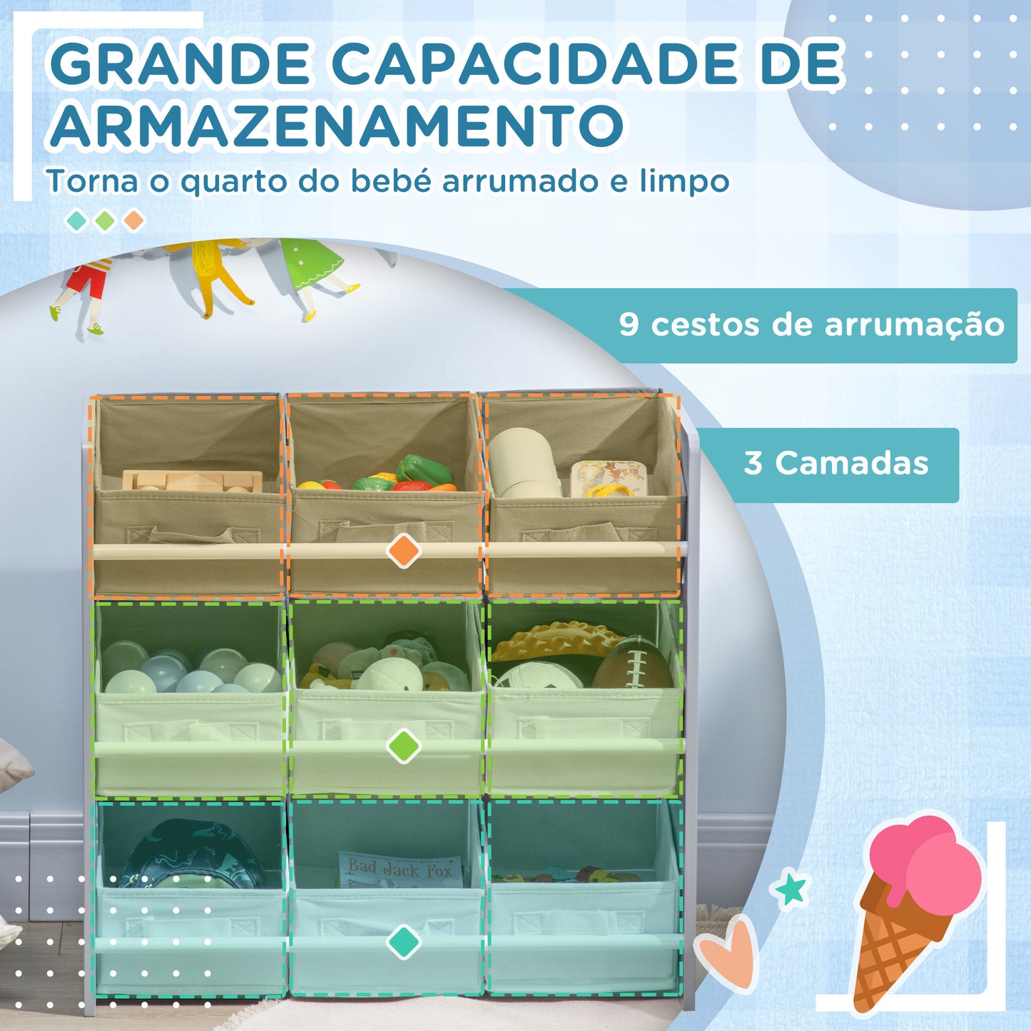 ZONEKIZ Estante para Brinquedos com 9 Caixas de Tecido não Tecido Amovíveis Organizador de Brinquedos para Dormitório Escola Infantil 63x30x60 cm