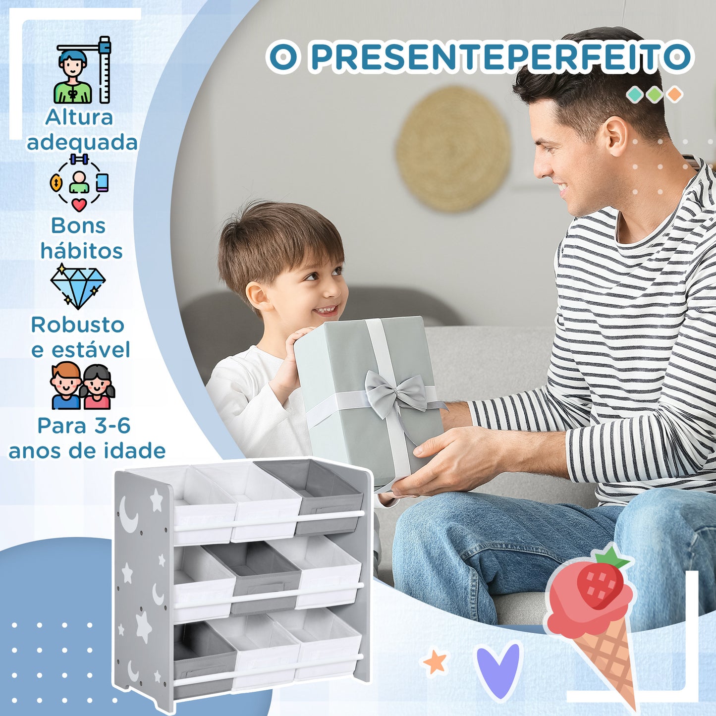 ZONEKIZ Estante para Brinquedos com 9 Caixas de Tecido não Tecido Amovíveis Organizador de Brinquedos para Dormitório Escola Infantil 63x30x60 cm