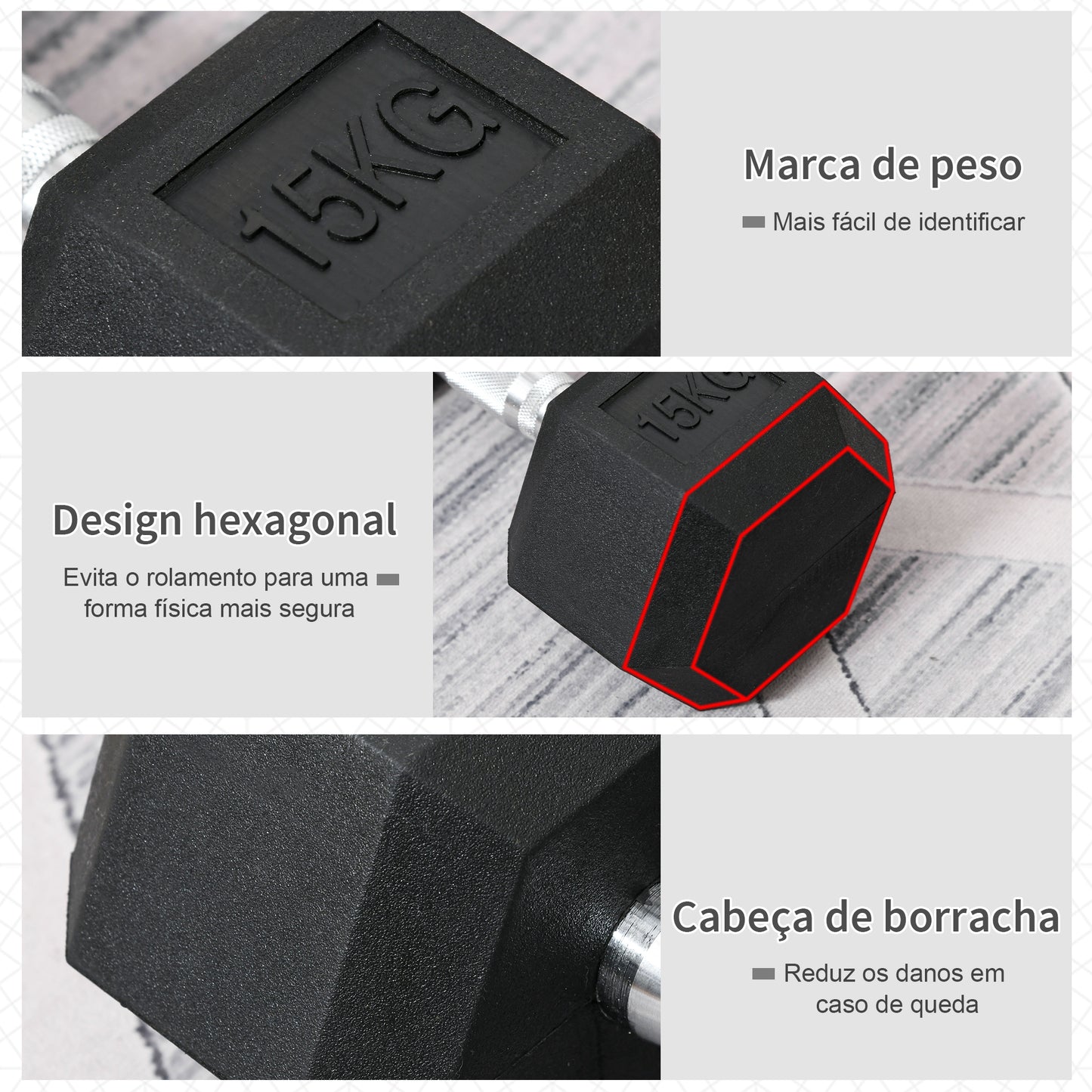 HOMCOM Haltere Hexagonal 15 kg Haltere com Barra de Conexão Metálica para treino em Casa Ginásio Escritório Preto e Prata