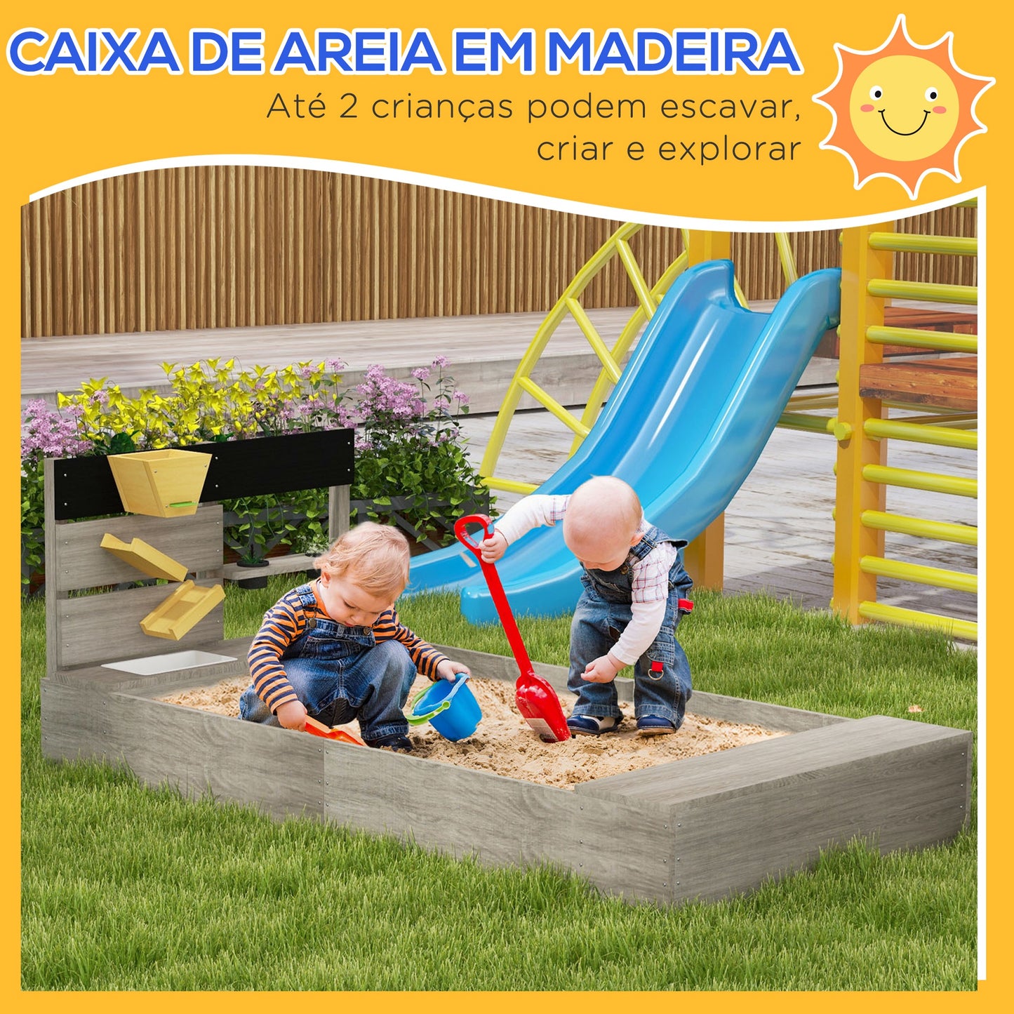 Outsunny Caixa de Areia para Crianças de Madeira Caixa de Areia Infantil com 2 Assentos 2 Caixas de Plantação e Brinquedos de Cozinha para Pátio Jardim 154x80x60 cm Cinza