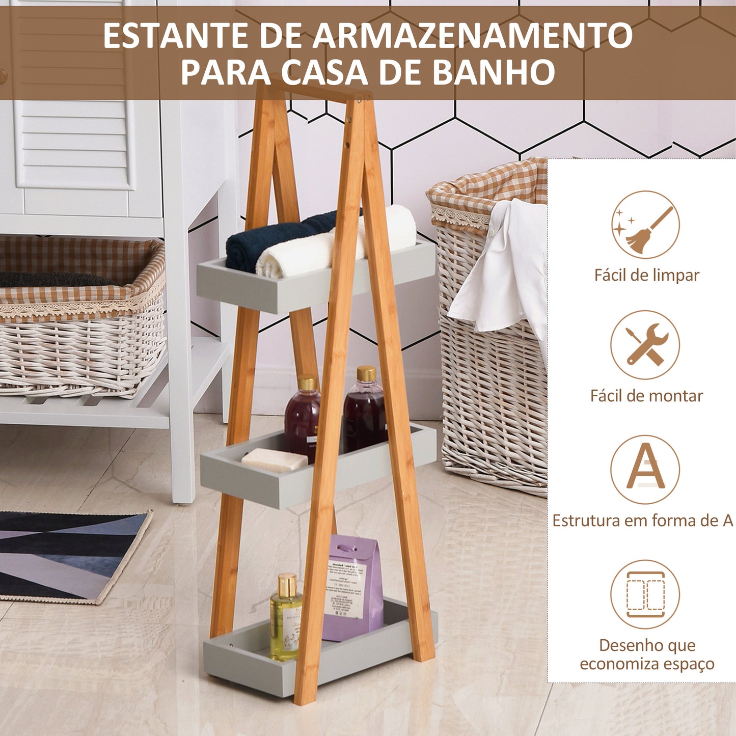 kleankin Estante de Bambú para Casa de Banho com 3 Prateleiras de Armazenamento Móvel Organizador para Cozinha Sala de Estar Lavanderia 30x18x81cm Madeira e Cinza