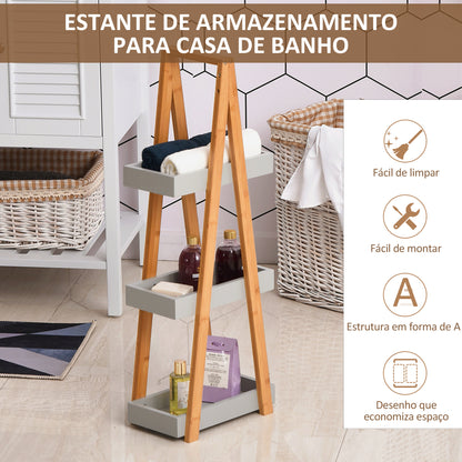 kleankin Estante de Bambú para Casa de Banho com 3 Prateleiras de Armazenamento Móvel Organizador para Cozinha Sala de Estar Lavanderia 30x18x81cm Madeira e Cinza