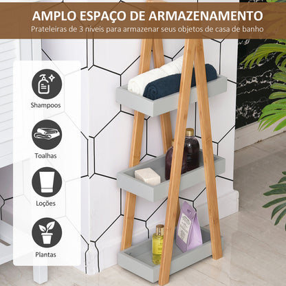 kleankin Estante de Bambú para Casa de Banho com 3 Prateleiras de Armazenamento Móvel Organizador para Cozinha Sala de Estar Lavanderia 30x18x81cm Madeira e Cinza