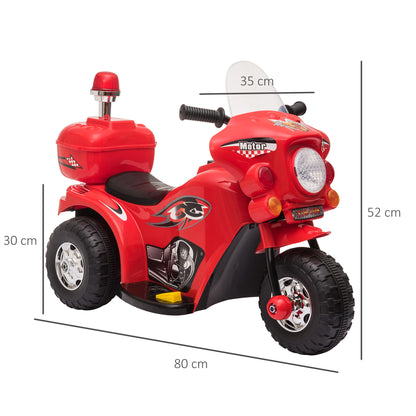 HOMCOM Mota Elétrica para Crianças de 18-36 Meses Motocicleta Infantil com 3 Rodas e Bateria 6V com Música Buzina Farol Baú 80x35x54cm Vermelho