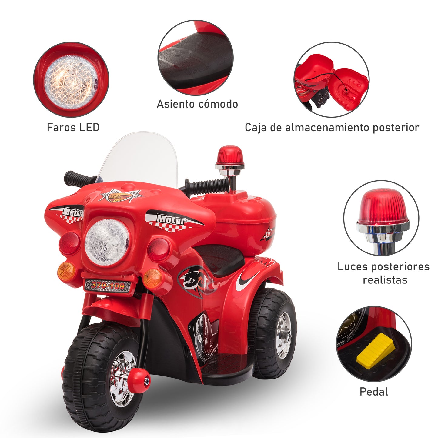 HOMCOM Mota Elétrica para Crianças de 18-36 Meses Motocicleta Infantil com 3 Rodas e Bateria 6V com Música Buzina Farol Baú 80x35x54cm Vermelho