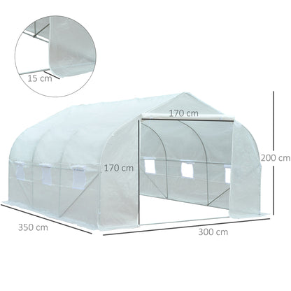 Outsunny Estufa Tipo Túnel 350x300x200 cm com Porta Enrolável 6 Janelas Estufa para Cultivo de Plantas Verduras Branco