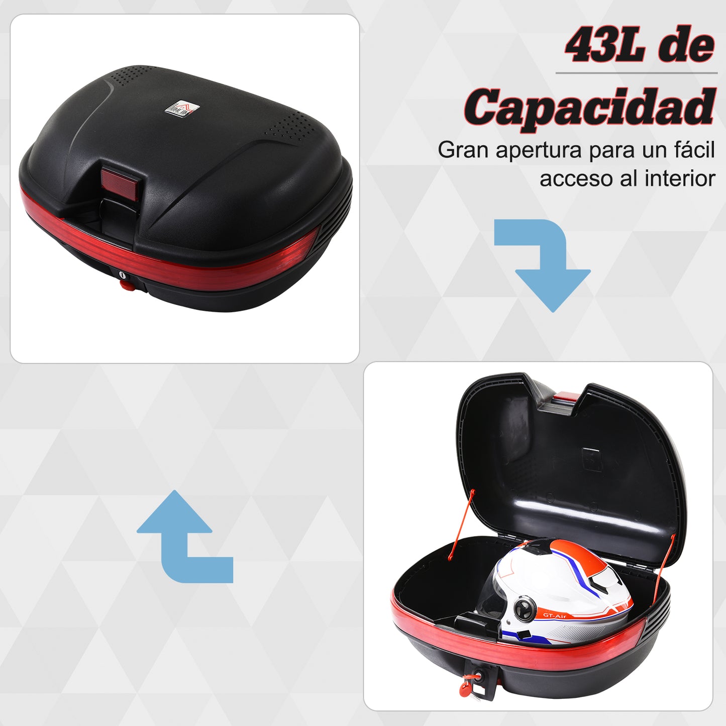 HOMCOM Mala para Motocicleta Mala para Mota Capacidade de 43L com Fechadura e 2 Chaves 55,5x41x27,5 cm Preto e Vermelho