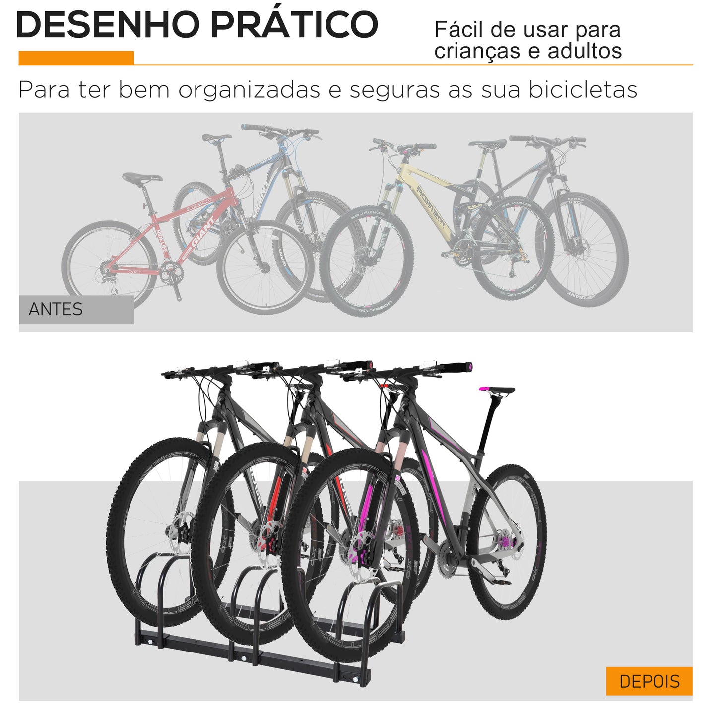 HOMCOM Estacionamento para 3 Bicicletas Suporte de Aço para Estacionar Bicicletas no Chão para Interior e Exterior 76x33x27 cm Preto