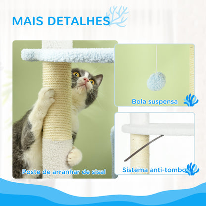 PawHut Arranhador para Gatos Grande de 155 cm Torre para Gatos com Postes de Sisal Caverna Cama Rede e Bola de Brinquedo Ø54,5x155 cm Branco e Azul