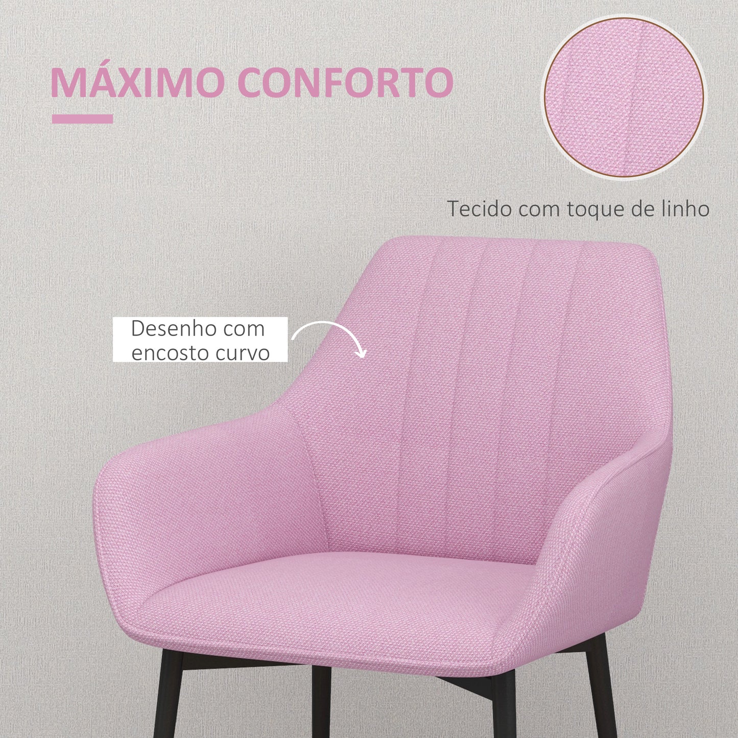 HOMCOM Conjunto de 2 Cadeiras de Sala de Jantar Estofadas em Linho Cadeiras de Cozinha com Encosto Apoio para os Braços e Pés de Metal 59,5x56,5x81 cm Rosa