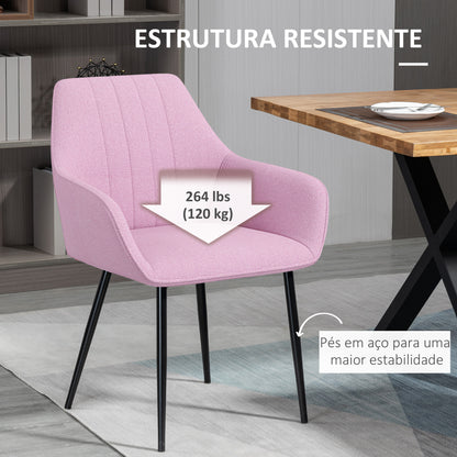 HOMCOM Conjunto de 2 Cadeiras de Sala de Jantar Estofadas em Linho Cadeiras de Cozinha com Encosto Apoio para os Braços e Pés de Metal 59,5x56,5x81 cm Rosa