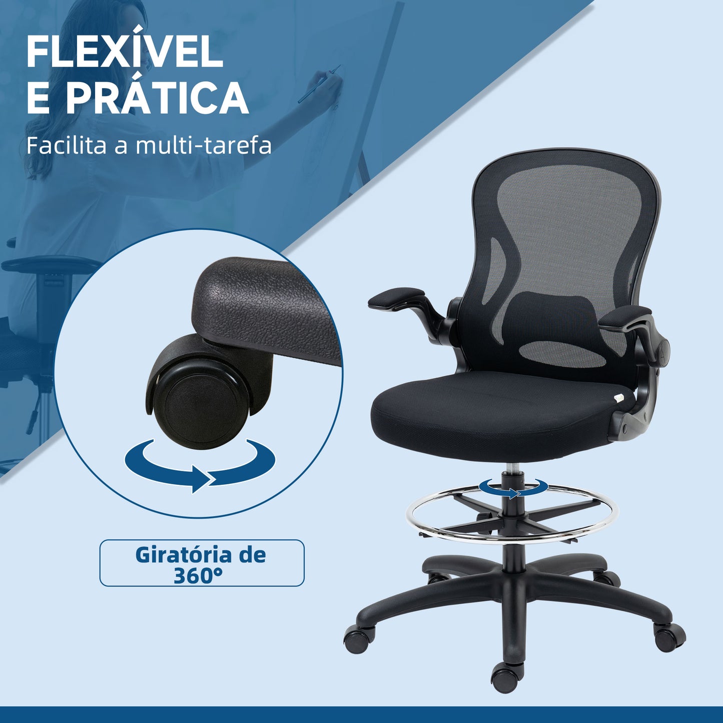 Vinsetto Cadeira de Escritório com Encosto Médio Suporte Lombar Apoio para os Braços Dobrável e Altura Ajustável Carga Máxima 120kg 59x65x110-130cm Preto