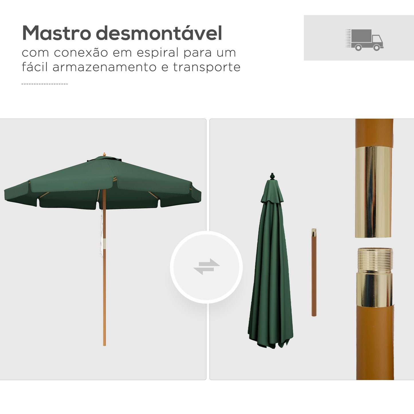 Outsunny Chapéu de Sol de Jardim Ø325x250 cm Chapéu de Sol de Madeira com Sistema de Polea Teto com Ventilação e 8 Hastes de Bambú para Terraço Balcão Exterior Verde