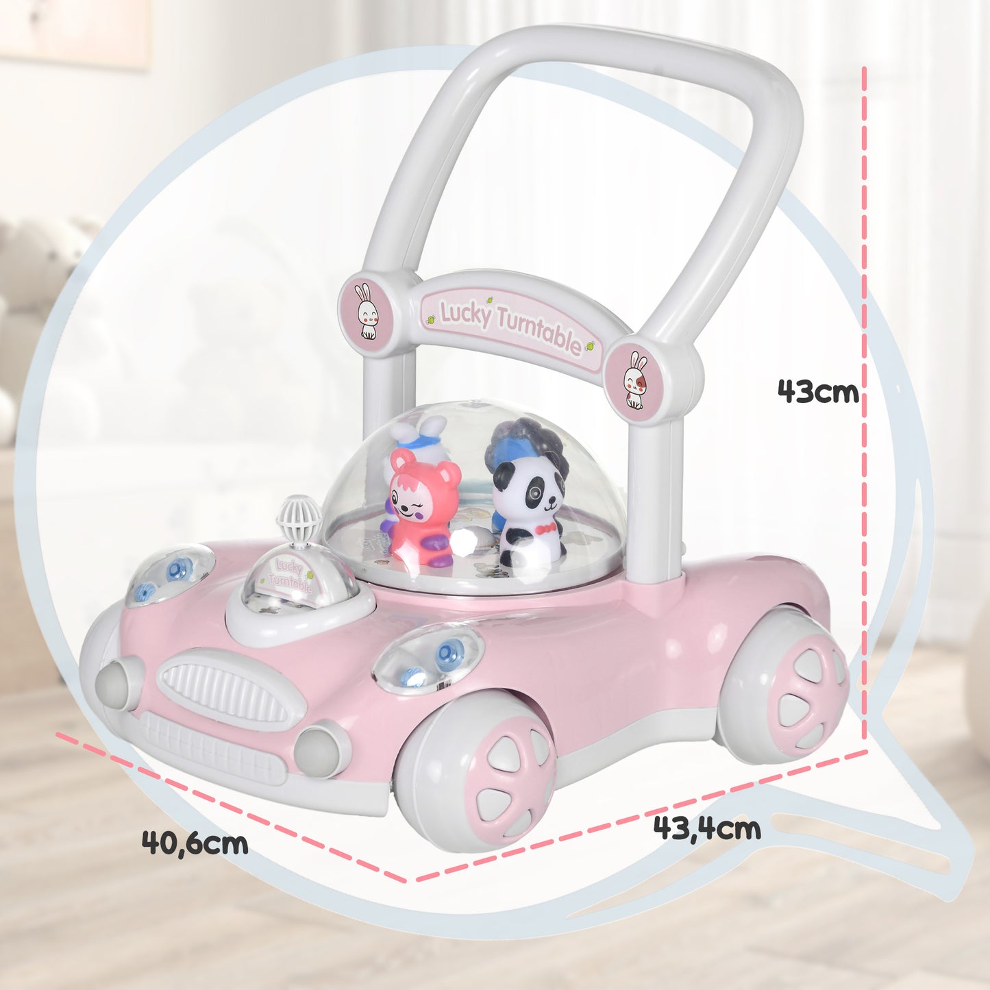 AIYAPLAY Andador para Bebés de 1-3 Anos Andador para Bebés com Altura Ajustável Música Rodas Antiderrapantes Luzes Guiador Desmontável Carga 25 kg 43,4x40,6x43 cm Rosa