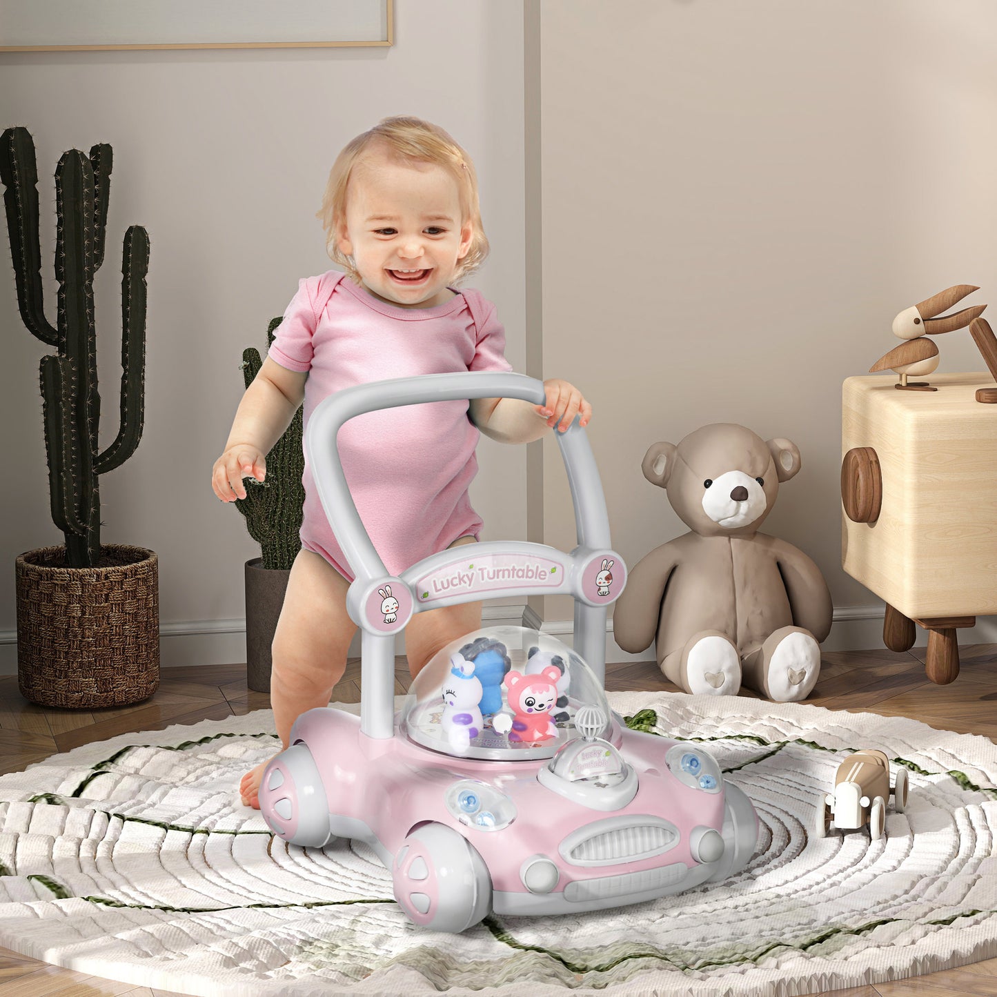 AIYAPLAY Andador para Bebés de 1-3 Anos Andador para Bebés com Altura Ajustável Música Rodas Antiderrapantes Luzes Guiador Desmontável Carga 25 kg 43,4x40,6x43 cm Rosa