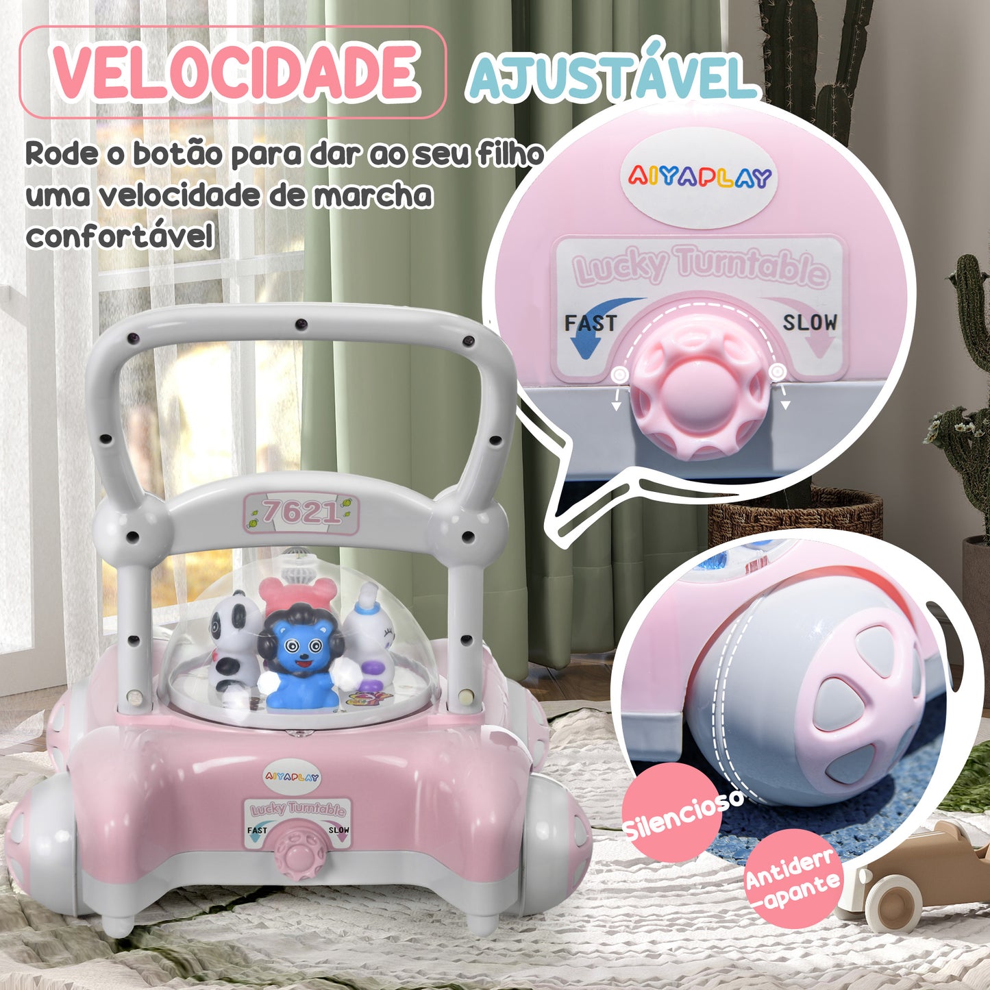 AIYAPLAY Andador para Bebés de 1-3 Anos Andador para Bebés com Altura Ajustável Música Rodas Antiderrapantes Luzes Guiador Desmontável Carga 25 kg 43,4x40,6x43 cm Rosa