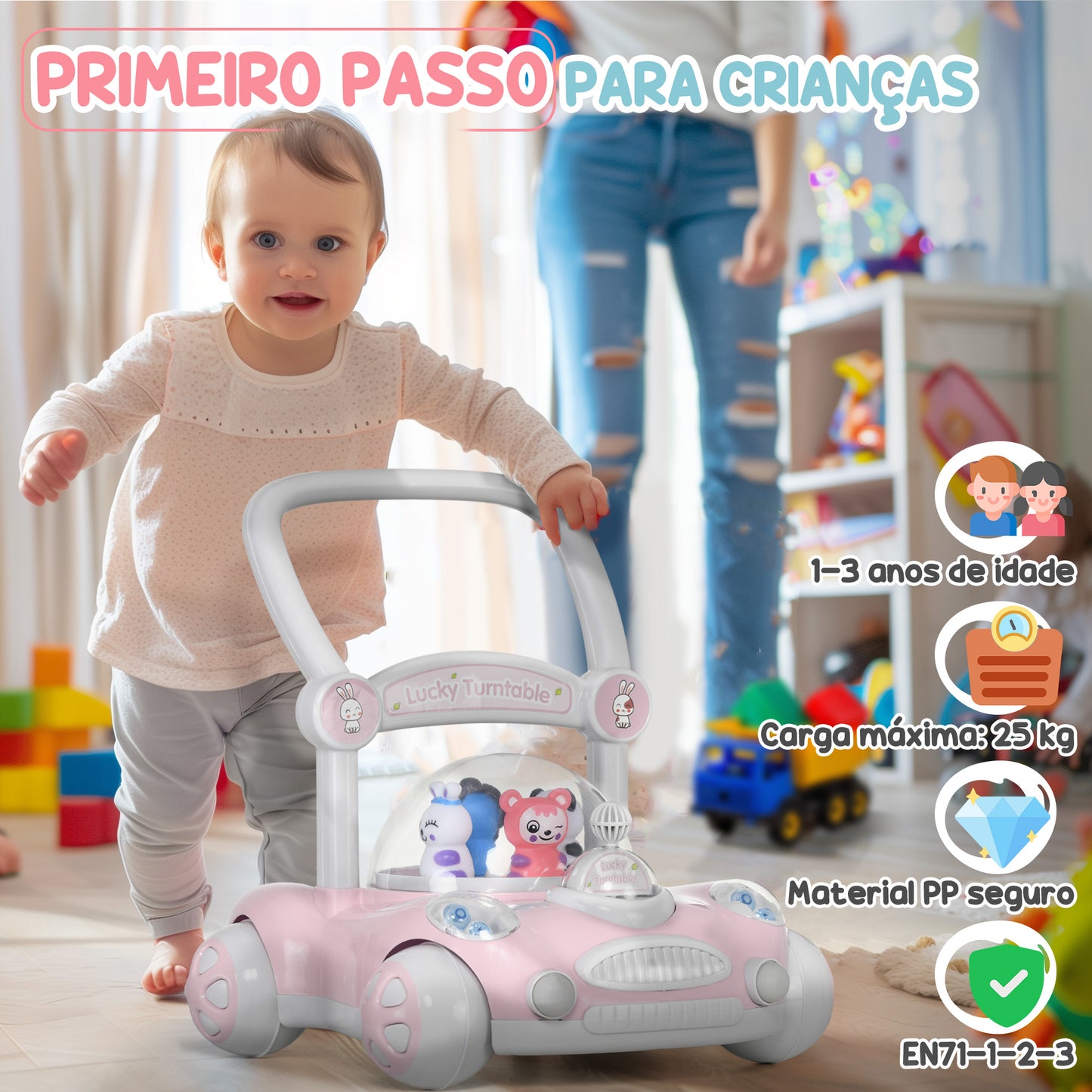 AIYAPLAY Andador para Bebés de 1-3 Anos Andador para Bebés com Altura Ajustável Música Rodas Antiderrapantes Luzes Guiador Desmontável Carga 25 kg 43,4x40,6x43 cm Rosa