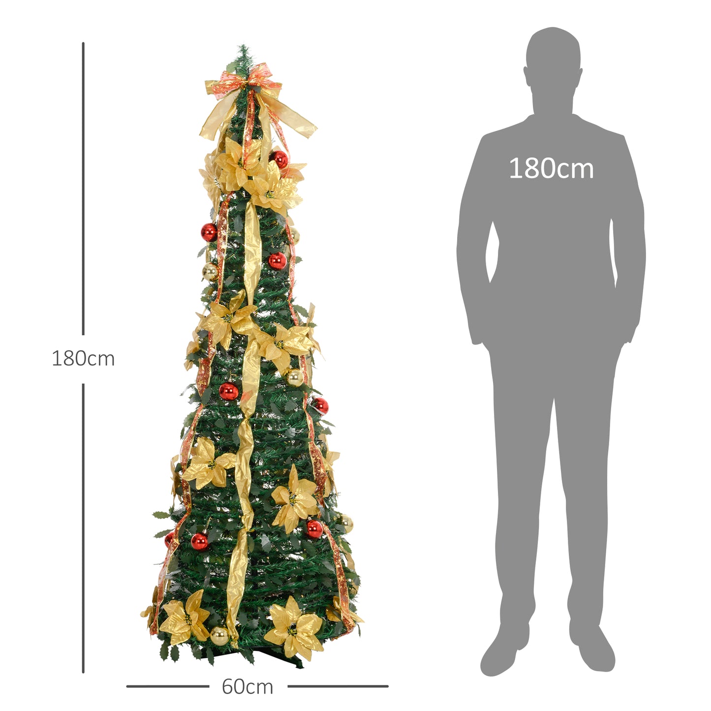 Árvore de Natal 180 cm Árvore de Natal Artificial Dobrável com Luzes LED e Decorações Pré-Instaladas Decoração de Natal para Interior Ø60x180 cm Verde