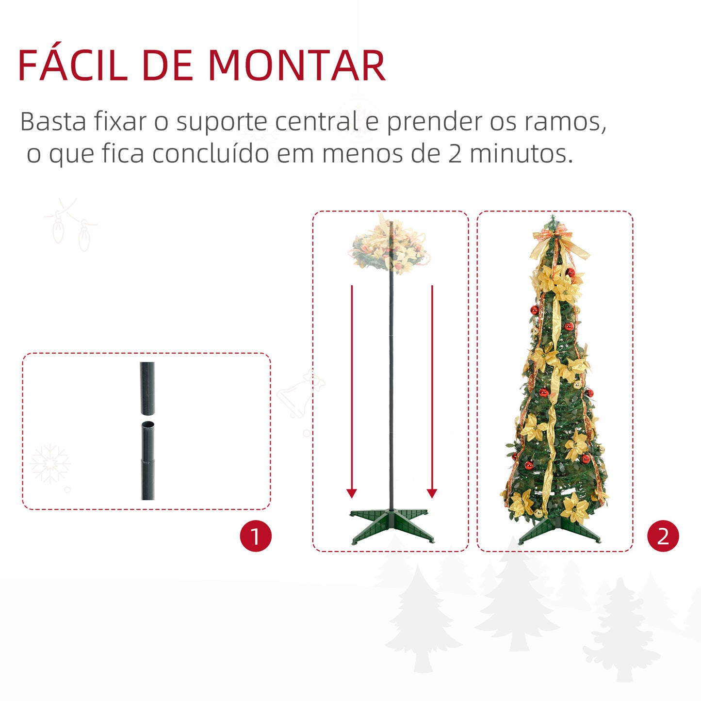 Árvore de Natal 180 cm Árvore de Natal Artificial Dobrável com Luzes LED e Decorações Pré-Instaladas Decoração de Natal para Interior Ø60x180 cm Verde