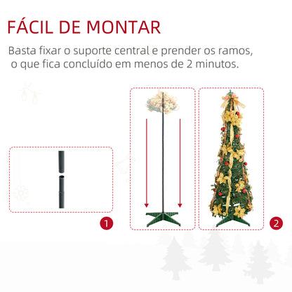 Árvore de Natal 180 cm Árvore de Natal Artificial Dobrável com Luzes LED e Decorações Pré-Instaladas Decoração de Natal para Interior Ø60x180 cm Verde