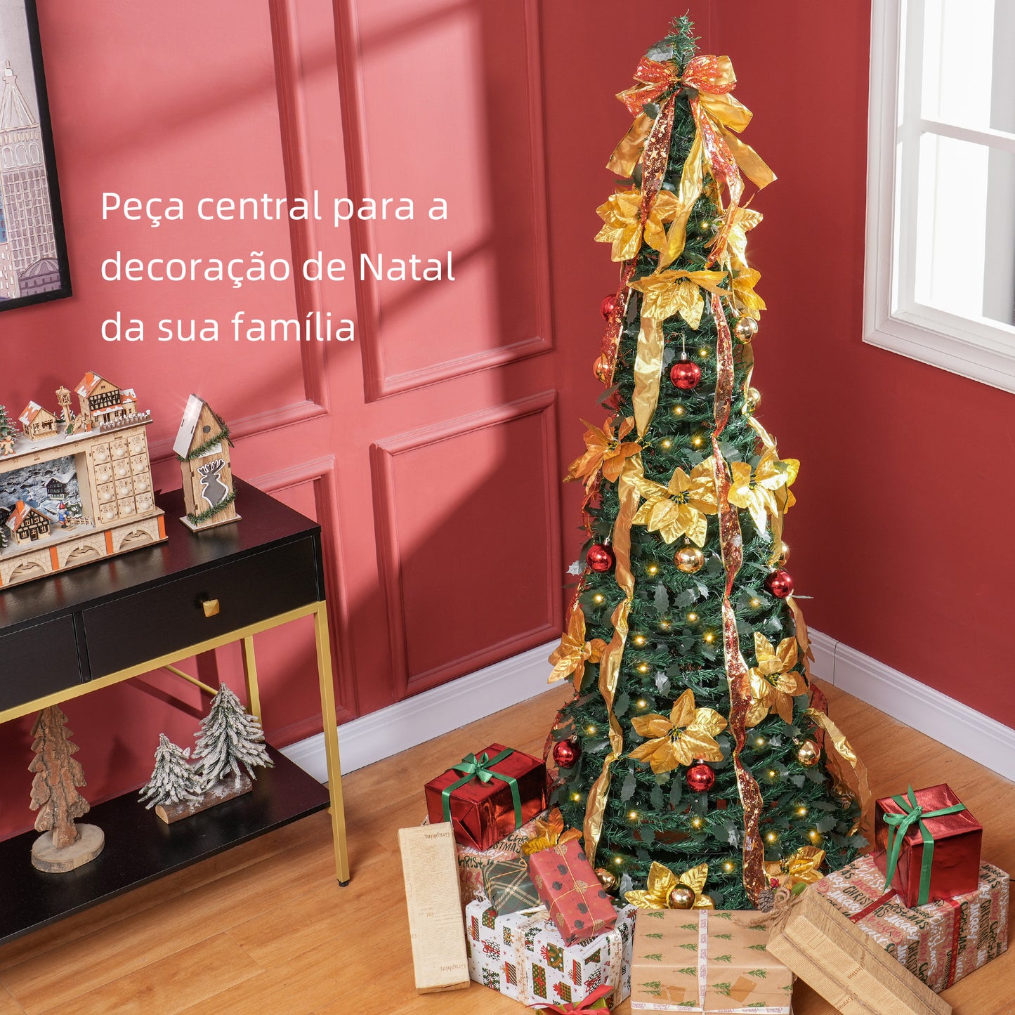 Árvore de Natal 180 cm Árvore de Natal Artificial Dobrável com Luzes LED e Decorações Pré-Instaladas Decoração de Natal para Interior Ø60x180 cm Verde