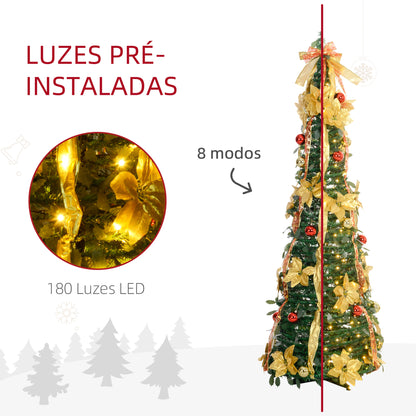 Árvore de Natal 180 cm Árvore de Natal Artificial Dobrável com Luzes LED e Decorações Pré-Instaladas Decoração de Natal para Interior Ø60x180 cm Verde