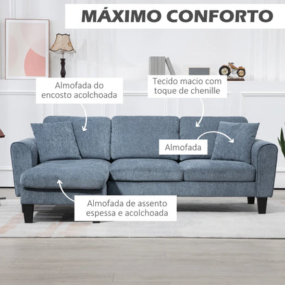 Sofá Chaise Longue Sofá de Canto Sofa Sala de Estar Reversível em Forma de L com 2 Almofadas Carga Máxima 200 kg 230x138x87 cm Cinza Azulado