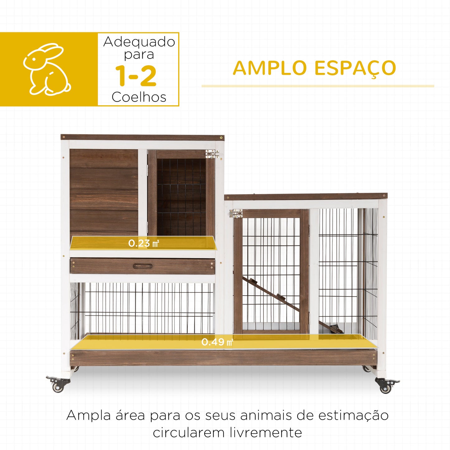 PawHut Coelheira de Madeira Interior com Rodas Gaiola para Coelhos Animais Pequenos de 2 Pisos com Área Aberta Rampa e 2 Bandejas Removíveis 110x50x86cm Marrom