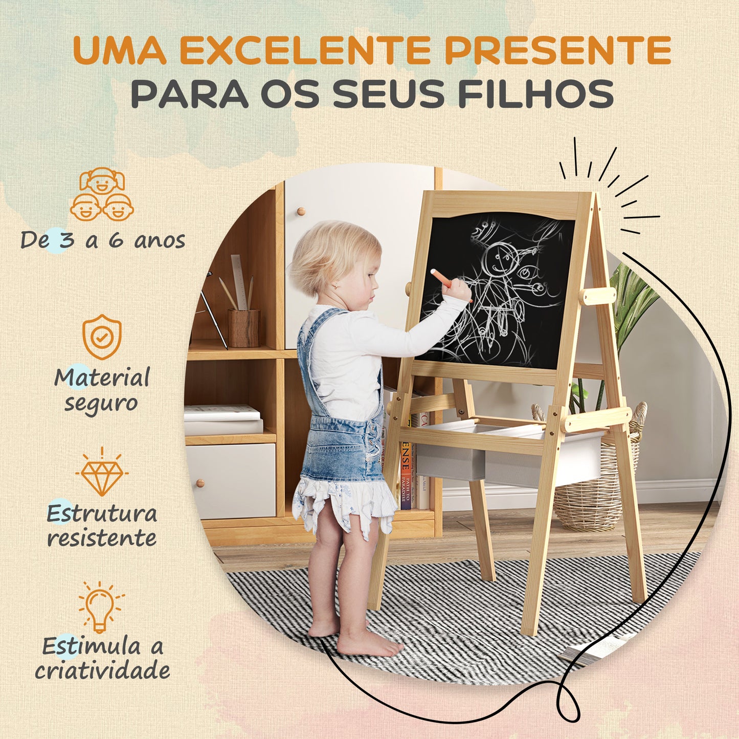 AIYAPLAY Cavalete para Crianças 3 em 1 Cavalete Duplo com Quadro preto e Quadro Branco Cavalete de Madeira para Desenhos com Rolo de Papel e 2 Cestas 58x50,5x109 cm Madeira