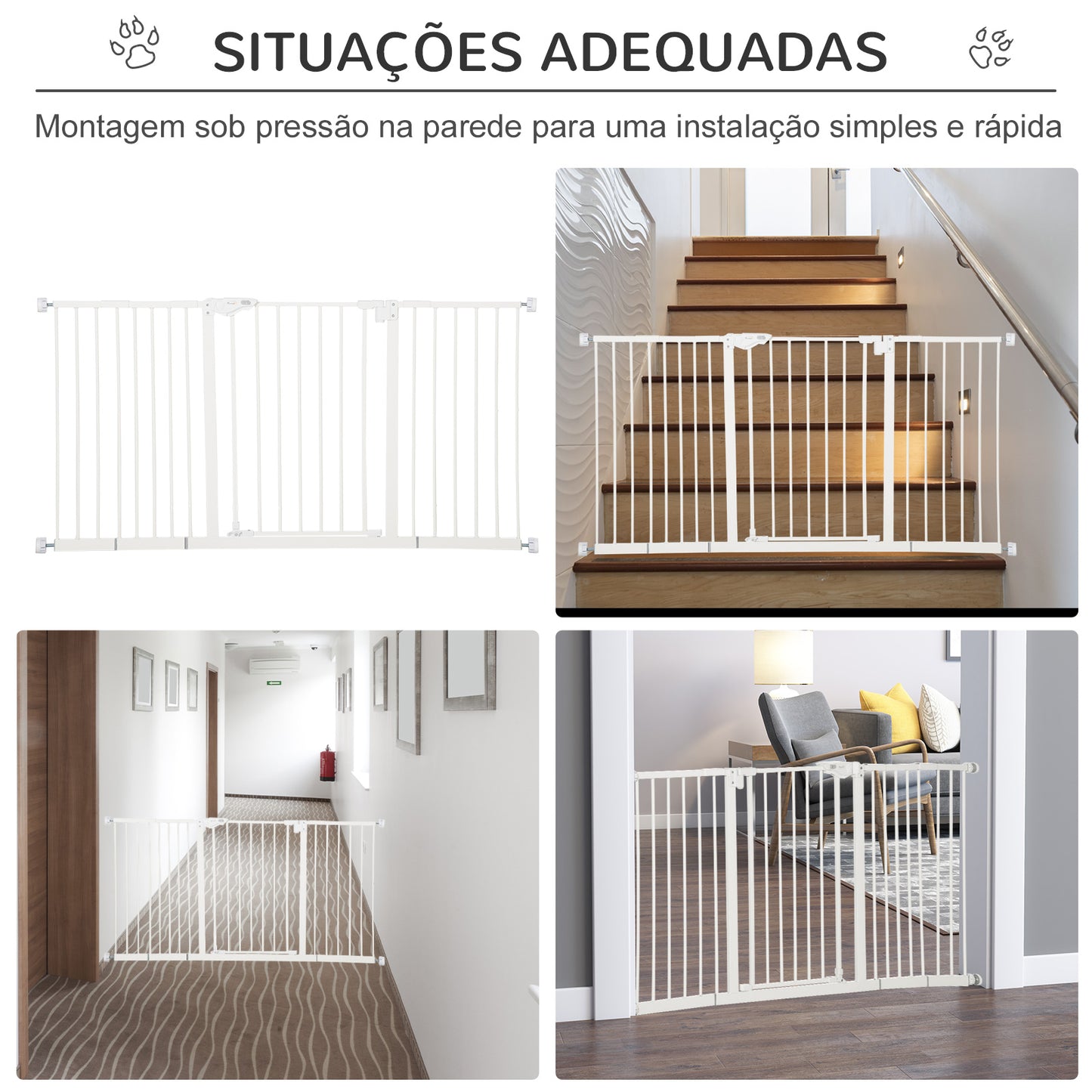 PawHut Barreira de Segurança Extensível para Portas e Escadas Barreira de Segurança Cães com Fechamento Automático e Sistema de Duplo Bloqueio Metal 74-147,5x76,2 cm Branco