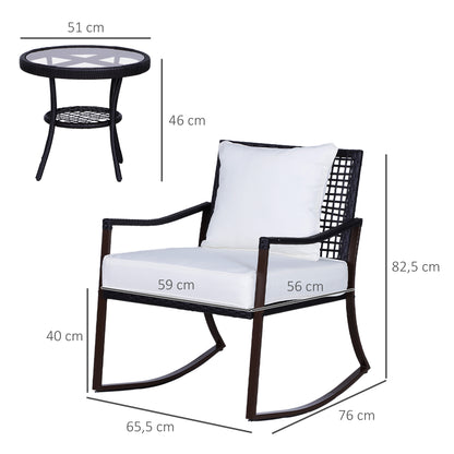 Outsunny Conjunto de Jardim vime com Mesa de Vidro Temperado Ø51x46cm e 2 Cadeiras de Balanço 65,5x73,5x84,5cm com Almofadas Laváveis Zíper e Travesseiros Branco e marrom