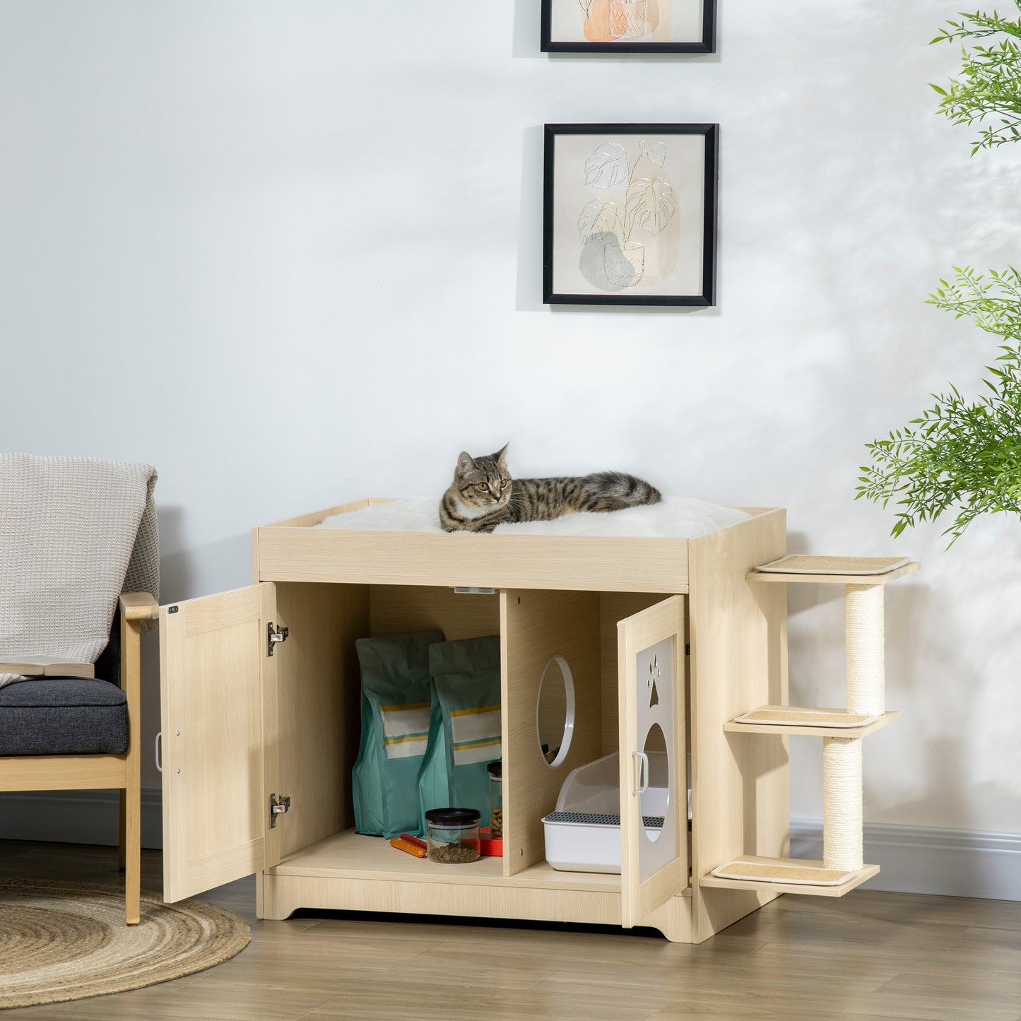 PawHut Caixa de Areia para Gatos de Madeira com 2 Portas Móvel para Caixa de Areia com Cama Almofada Suave 3 Plataformas e Postes de Sisal 107x54x70cm Carvalho