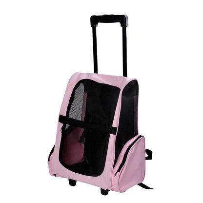 PawHut Transportadora 2 em 1 para Animais de Estimação Mochila ou Carrinho de Viagem para Cães e Gatos com 2 Rodas Alça Retrátil de Alumínio e Bolso de Armazenamento 42x25x55cm Rosa