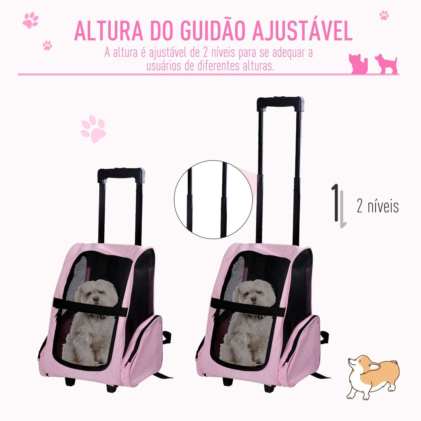 PawHut Transportadora 2 em 1 para Animais de Estimação Mochila ou Carrinho de Viagem para Cães e Gatos com 2 Rodas Alça Retrátil de Alumínio e Bolso de Armazenamento 42x25x55cm Rosa