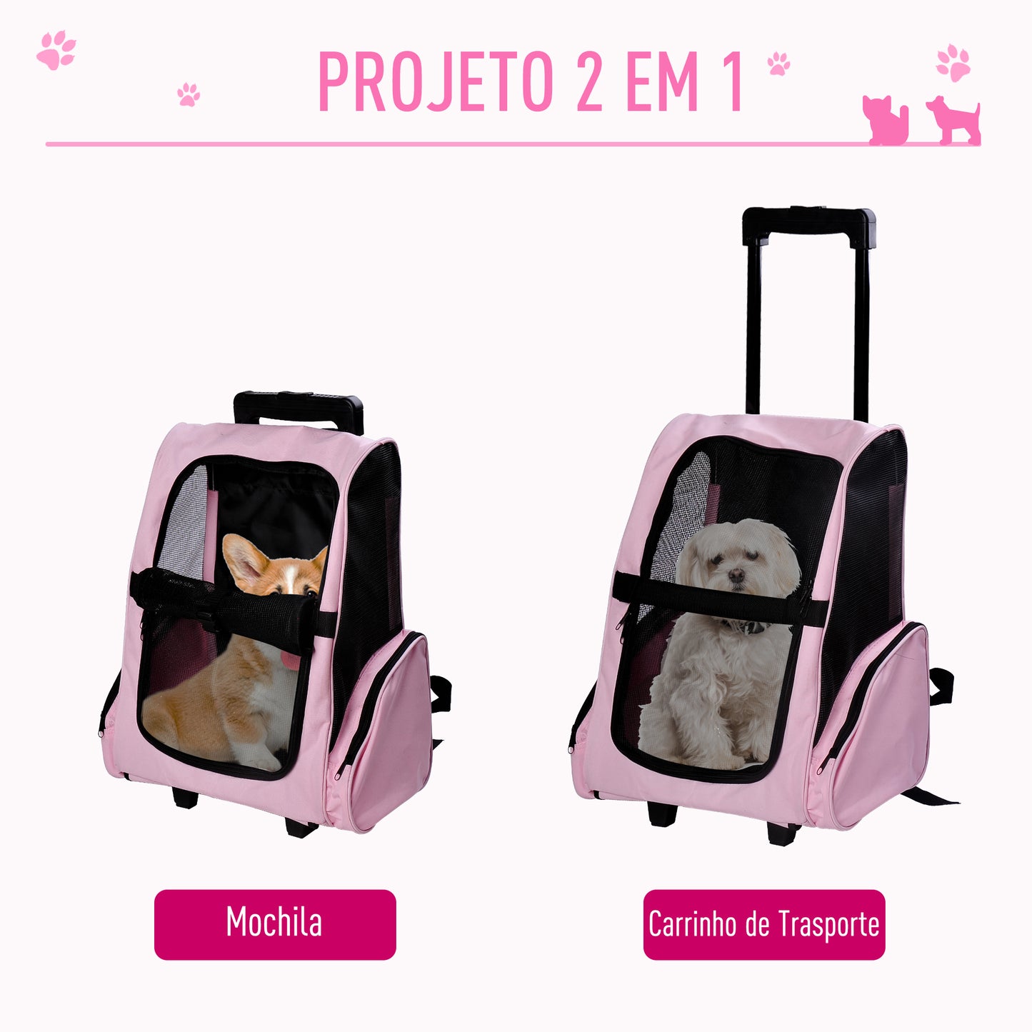 PawHut Transportadora 2 em 1 para Animais de Estimação Mochila ou Carrinho de Viagem para Cães e Gatos com 2 Rodas Alça Retrátil de Alumínio e Bolso de Armazenamento 42x25x55cm Rosa