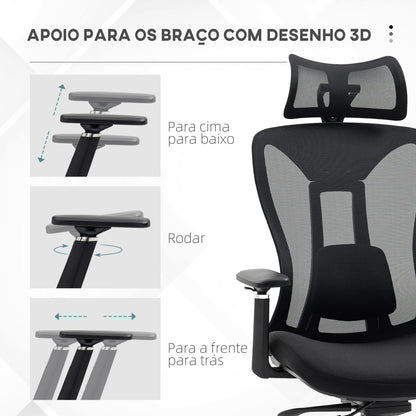 Vinsetto Cadeira de Escritório de Malha Cadeira de Escritório Reclinável com Apoio para a Cabeça Ajustável Suporte Lombar e Apoio para os Braços Carga 150 kg 70x66x120-128 cm Preto